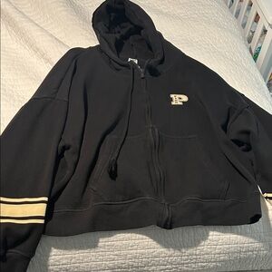 PINK Victoria's Secret Black Zip Hoodie with Cream Stripe Accents